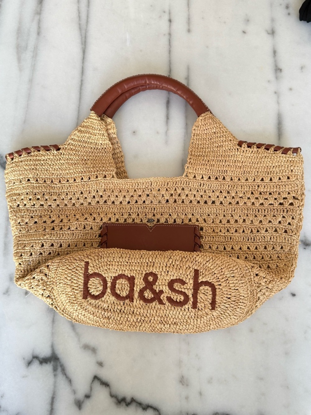 ba&sh Beige Crochet Tote with Brown Leather Accents - Picture 7 of 7